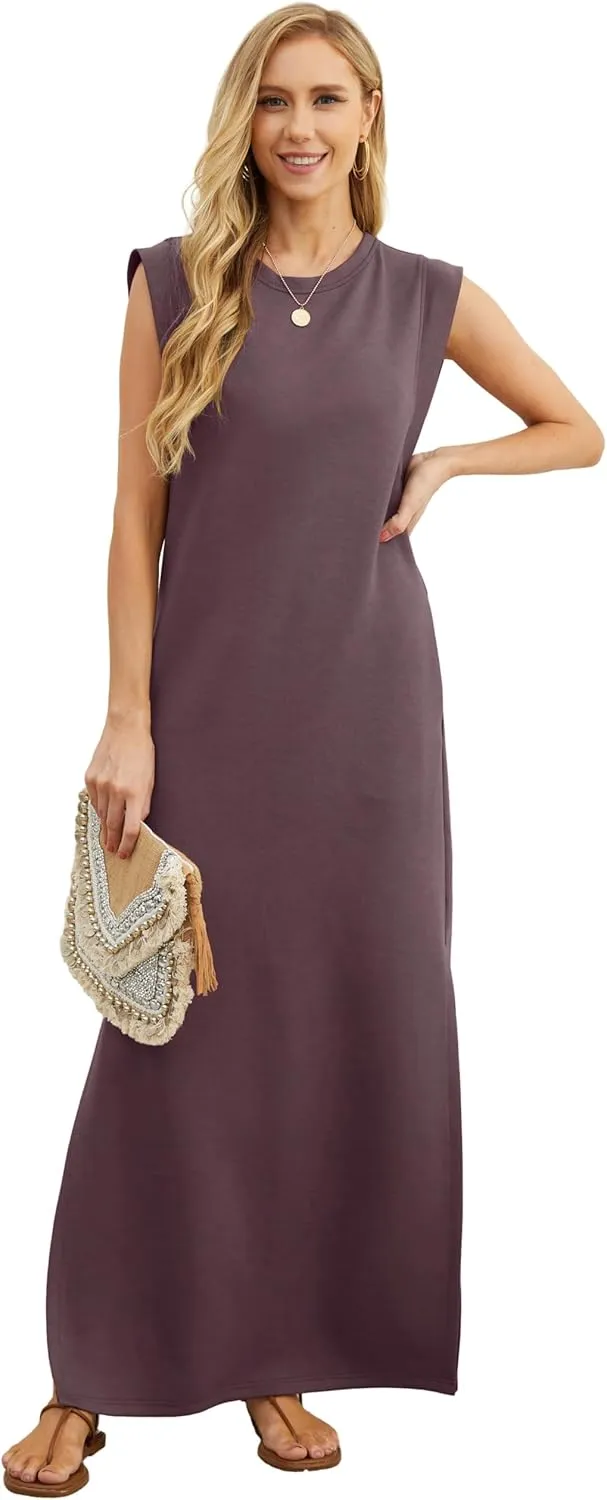 GRECERELLE 2025 Women Summer Round Neck Casual Loose Split Wrinkle-Free Long Maxi Vacation Dress with Pockets (XS-3XL)