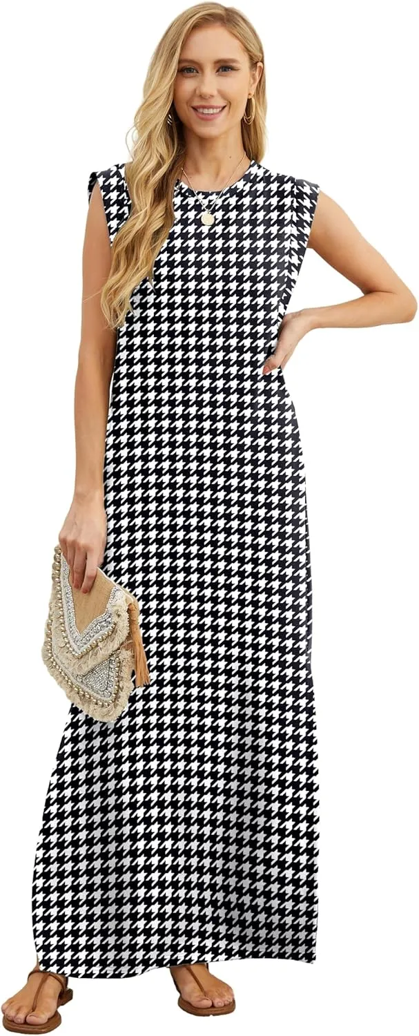 GRECERELLE 2025 Women Summer Round Neck Casual Loose Split Wrinkle-Free Long Maxi Vacation Dress with Pockets (XS-3XL)