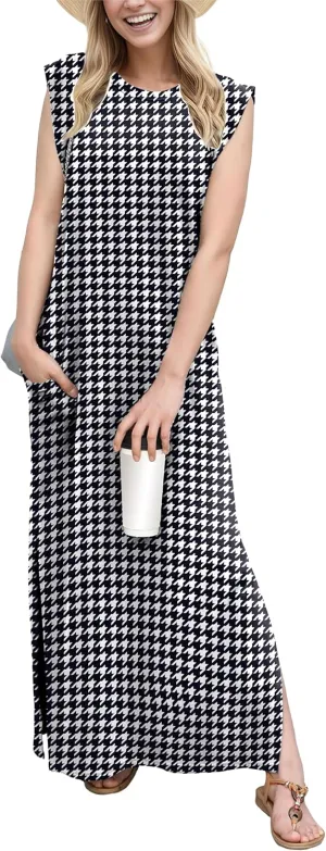 GRECERELLE 2025 Women Summer Round Neck Casual Loose Split Wrinkle-Free Long Maxi Vacation Dress with Pockets (XS-3XL)