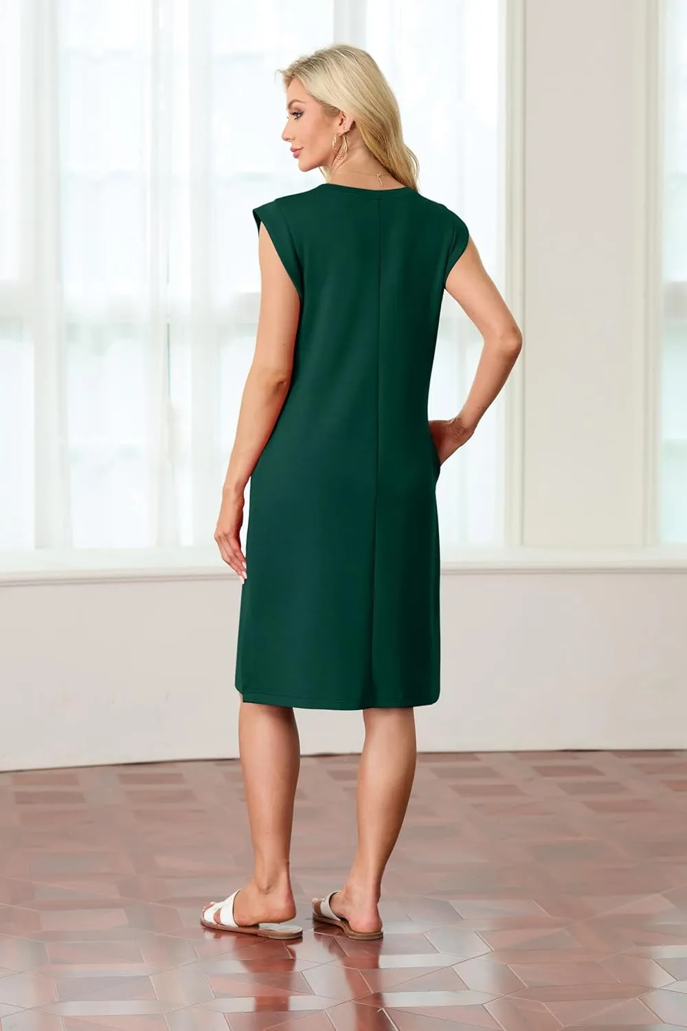 GRECERELLE 2025 Women Summer Round Neck Casual Loose Split Wrinkle-Free Midi Dress with Pockets (XS-3XL)