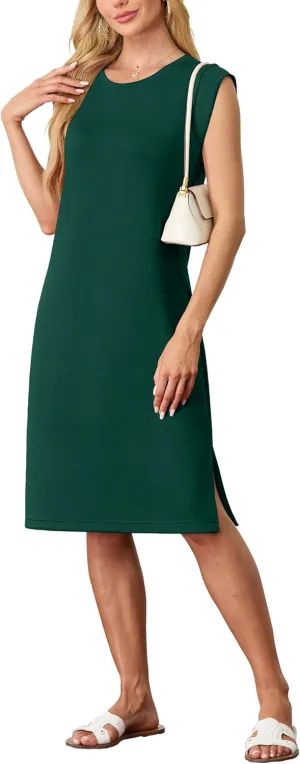 GRECERELLE 2025 Women Summer Round Neck Casual Loose Split Wrinkle-Free Midi Dress with Pockets (XS-3XL)