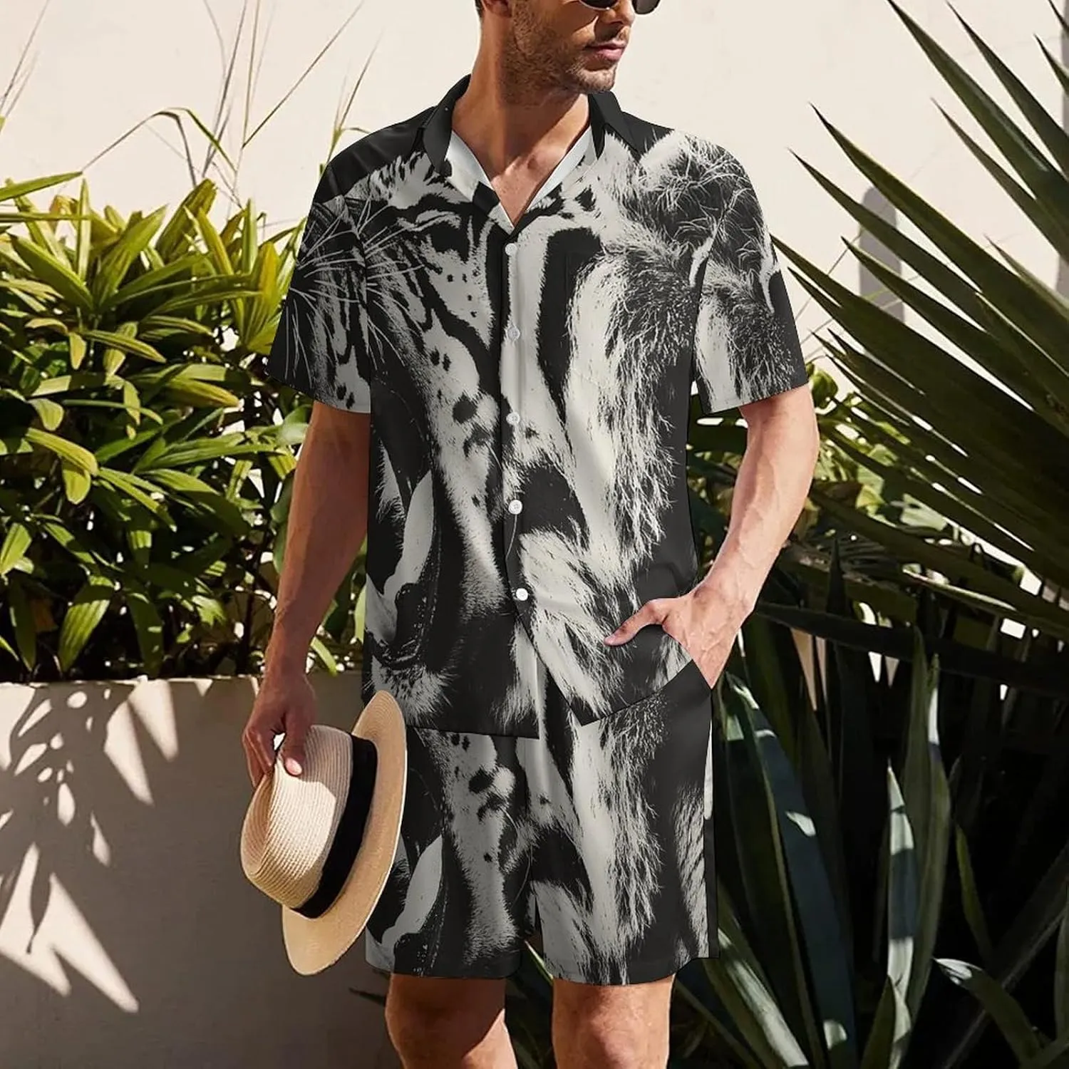 Growling Tiger Opening MouthMen's Two-piece Casual Short-sleeved Shirt Summer Loose Vacation Suit