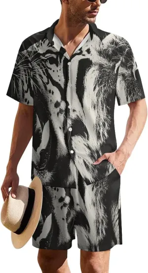 Growling Tiger Opening MouthMen's Two-piece Casual Short-sleeved Shirt Summer Loose Vacation Suit