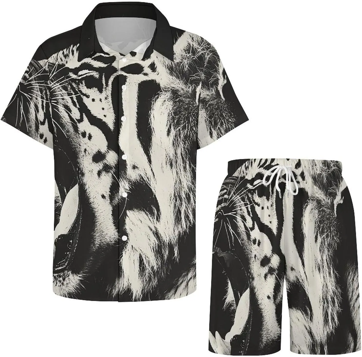 Growling Tiger Opening MouthMen's Two-piece Casual Short-sleeved Shirt Summer Loose Vacation Suit