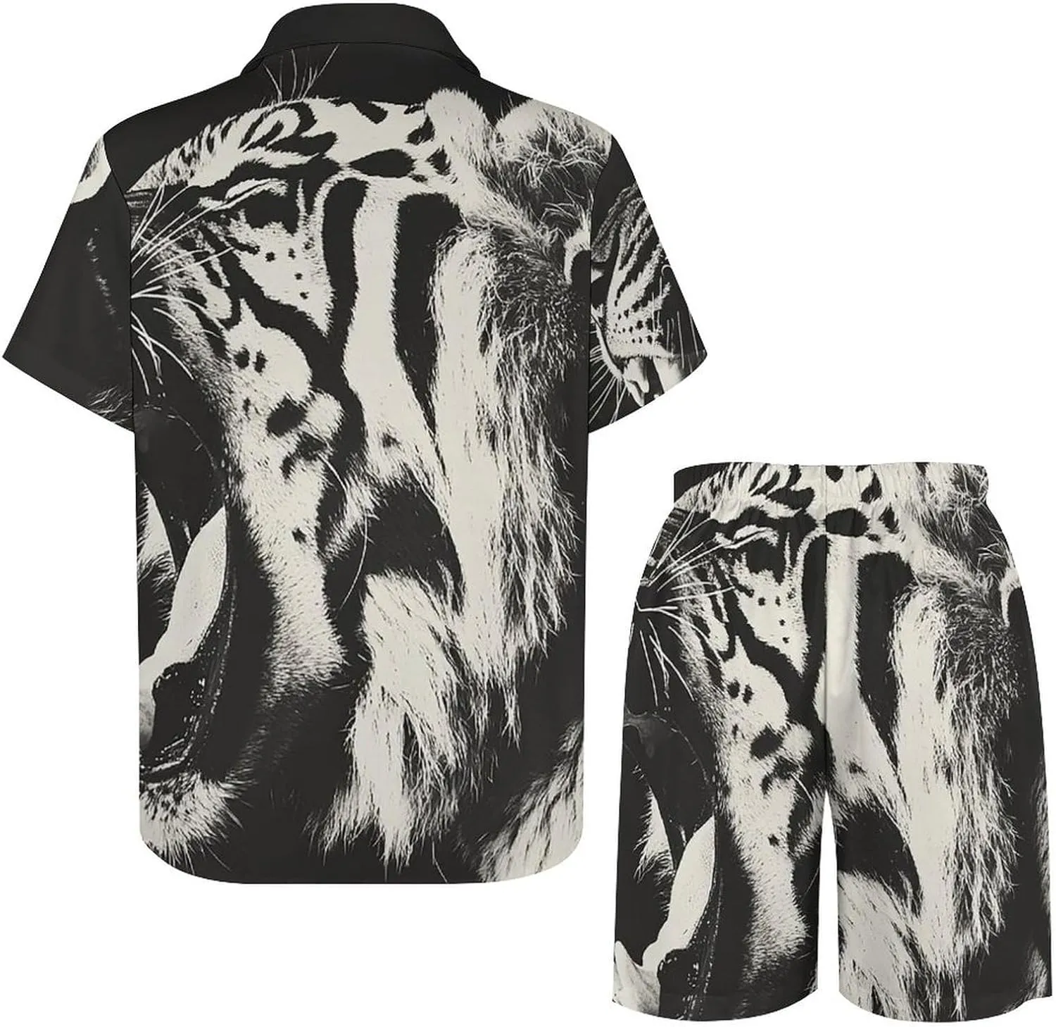 Growling Tiger Opening MouthMen's Two-piece Casual Short-sleeved Shirt Summer Loose Vacation Suit