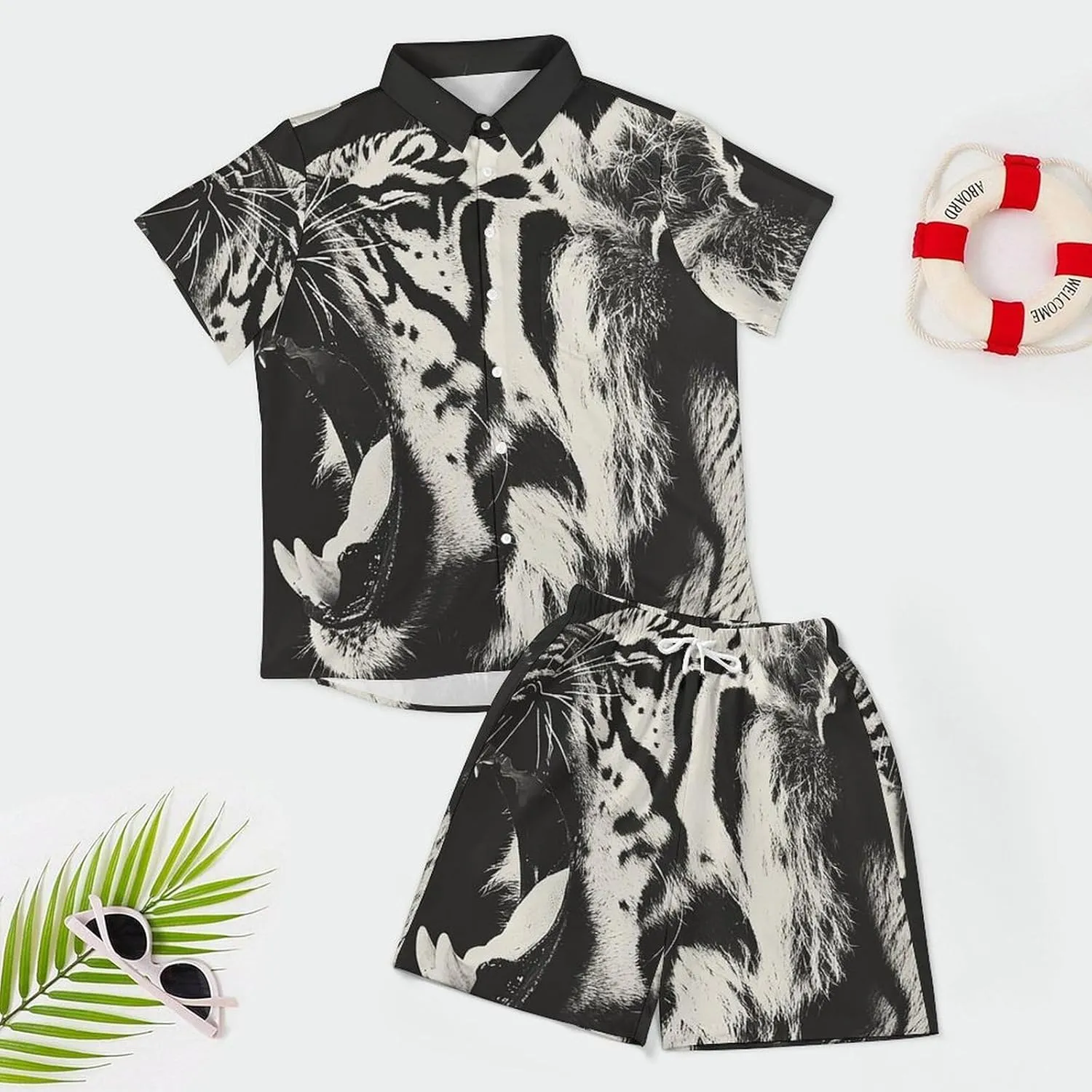 Growling Tiger Opening MouthMen's Two-piece Casual Short-sleeved Shirt Summer Loose Vacation Suit