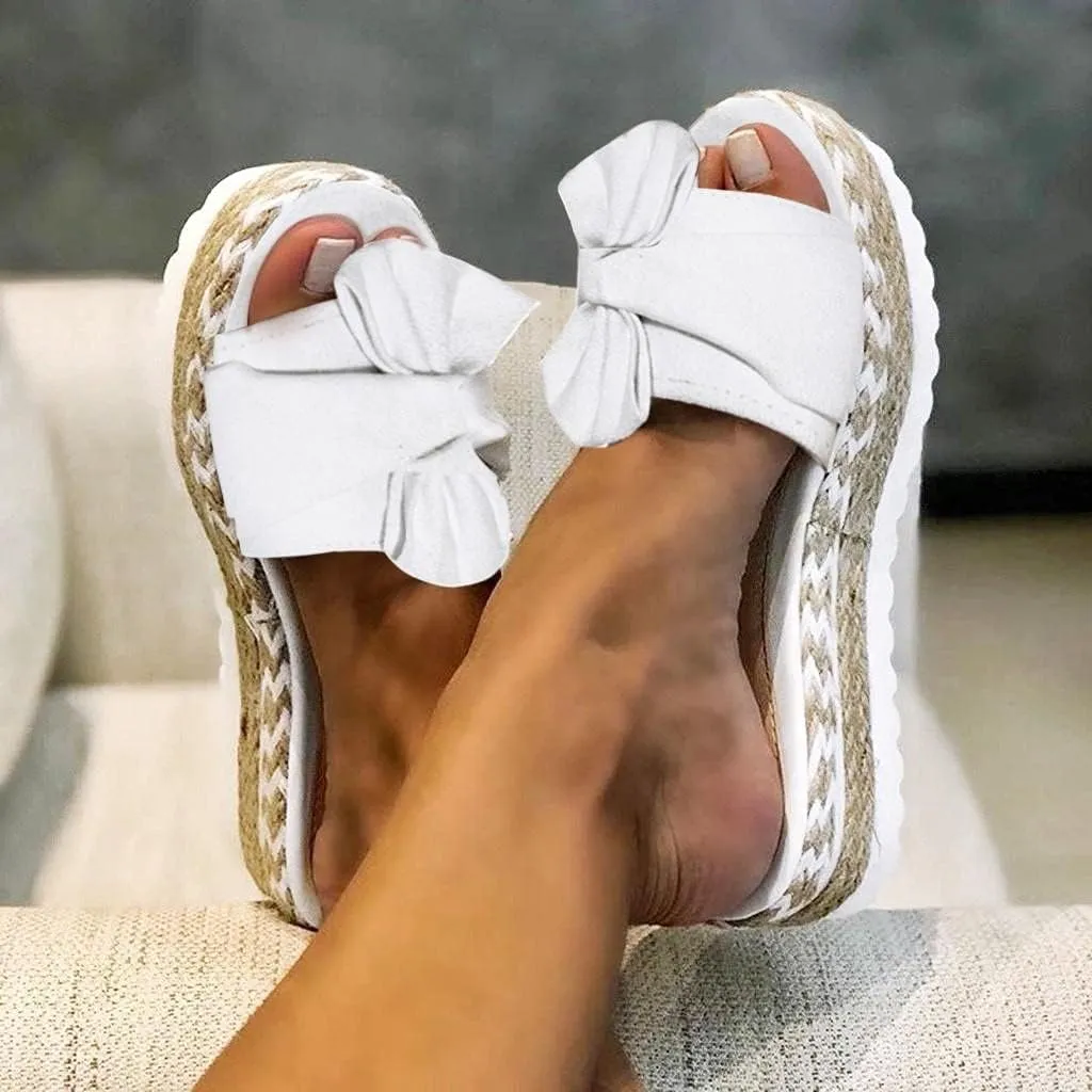 Hbeylia Espadrilles Bowknot Flat Sandals For Women Slip-On Open Toe Platform Wedge Flip Flops Slippers Summer Casual Shoes Beach Boho Traval Vacation Indoor Outdoor Slides