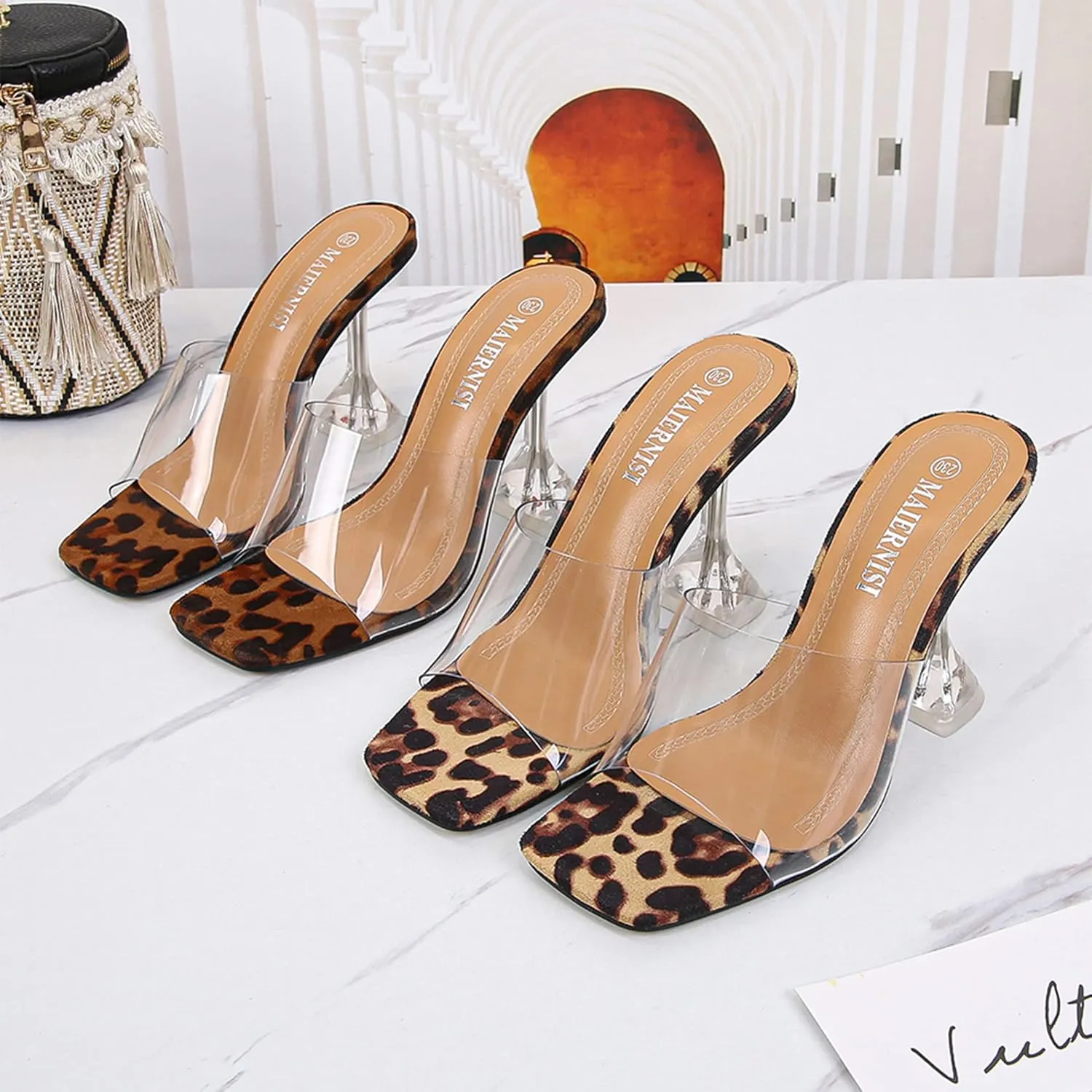 Hee grand Women Summer Clear Heels Slide-Sandals Transparent Peep Toe Stiletto Wedding Party Dress Shoes