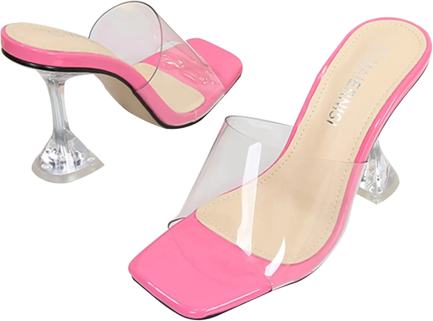 Hee grand Women Summer Clear Heels Slide-Sandals Transparent Peep Toe Stiletto Wedding Party Dress Shoes