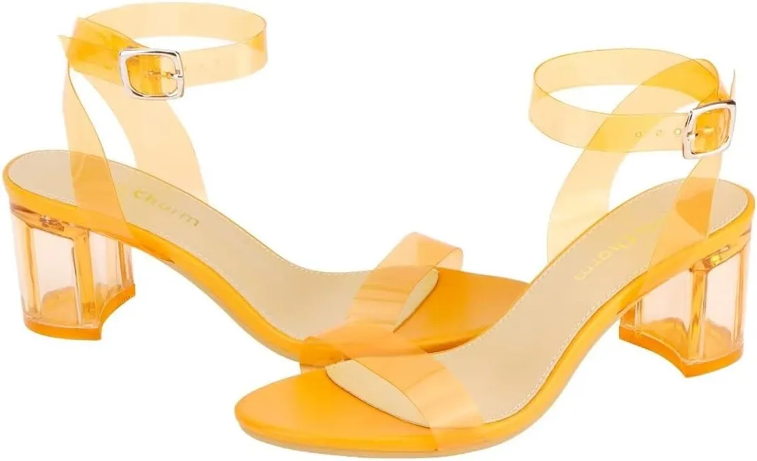 Heels Charm Women's Strappy Clear Chunky Clear Block Low Heeled Sandals 2 Inches Open Toe Ankle Strap High Heel Dress Sandals Daily Work Party Sandal Shoes