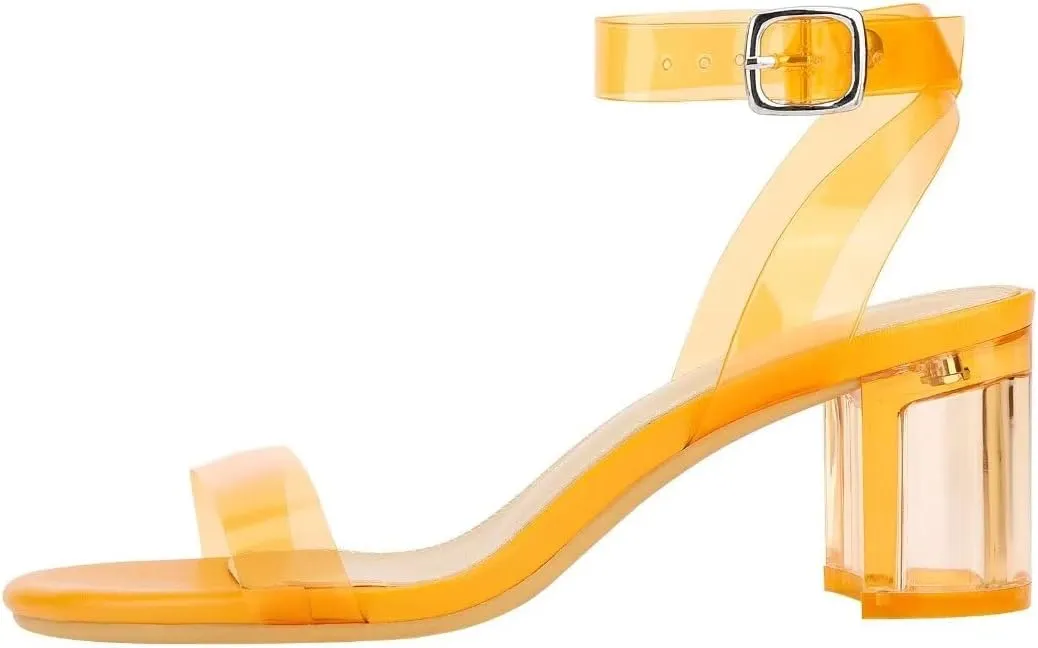 Heels Charm Women's Strappy Clear Chunky Clear Block Low Heeled Sandals 2 Inches Open Toe Ankle Strap High Heel Dress Sandals Daily Work Party Sandal Shoes