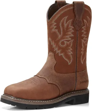 HISEA NINGO Men's Western Cowboy Boots Waterproof Square Toe Steel/Soft Toe Work Boots Men's Slip On Pull On Safety Toe Leather Work Boots for Construction Farming