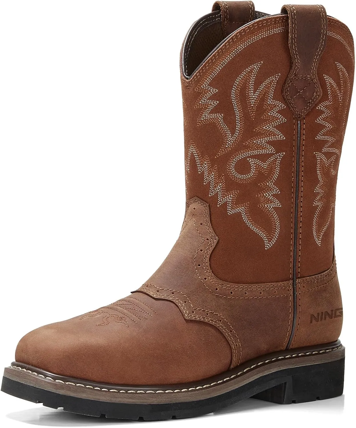 HISEA NINGO Men's Western Cowboy Boots Waterproof Square Toe Steel/Soft Toe Work Boots Men's Slip On Pull On Safety Toe Leather Work Boots for Construction Farming