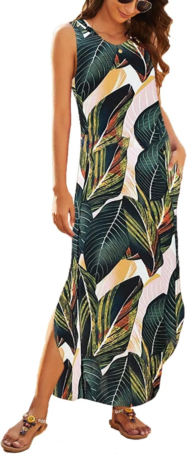 Hount Women's Casual Summer Sleeveless Dress Loose Split Maxi Dresses with Pockets