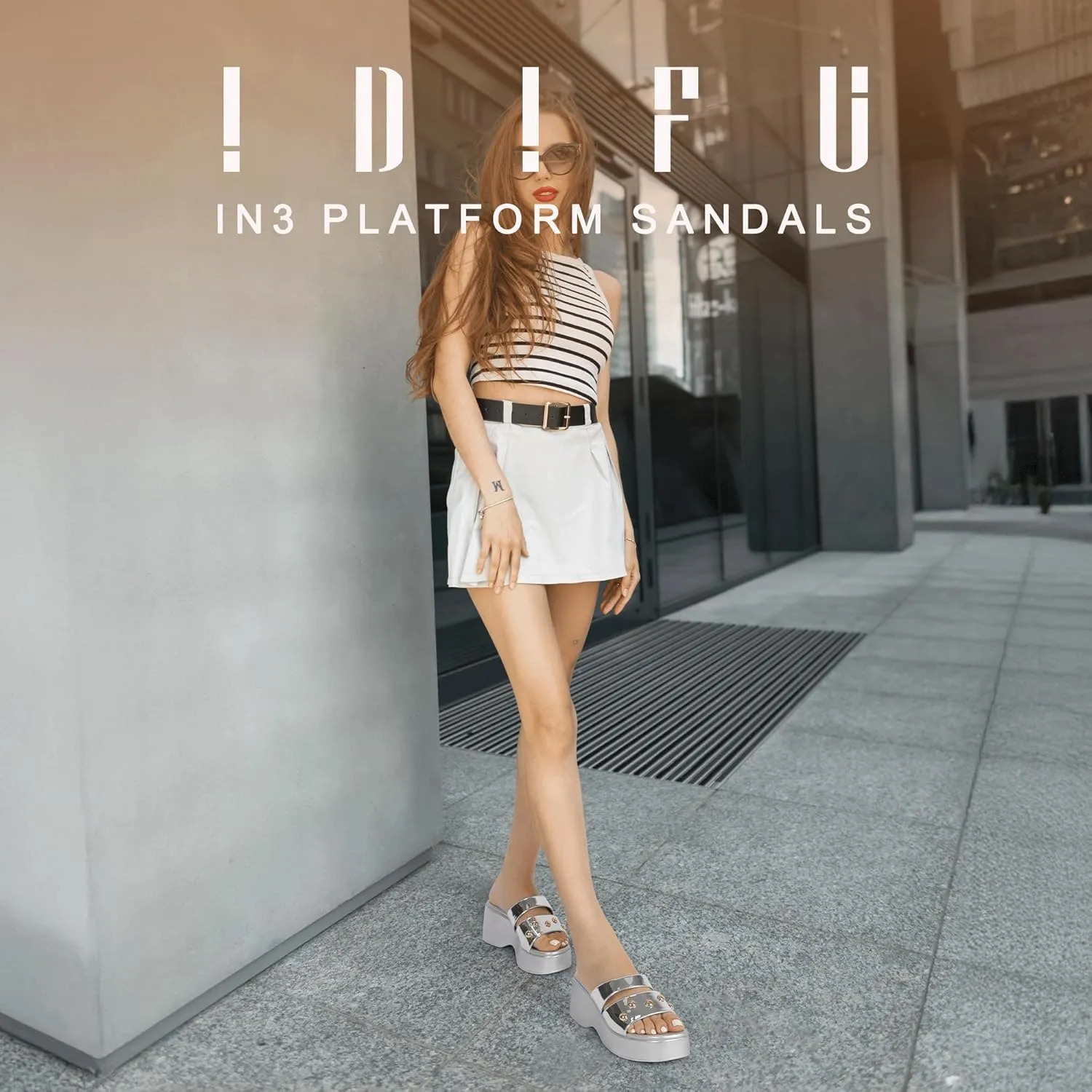 IDIFU IN3 Platform Sandals with Rivets Wedge Sandals for Women Comfortable Square Open Toe Slides Slip On Chunky Sandals Dressy Casual Summer Beach Walking Party Fashion Lightweight Wedges Sandals