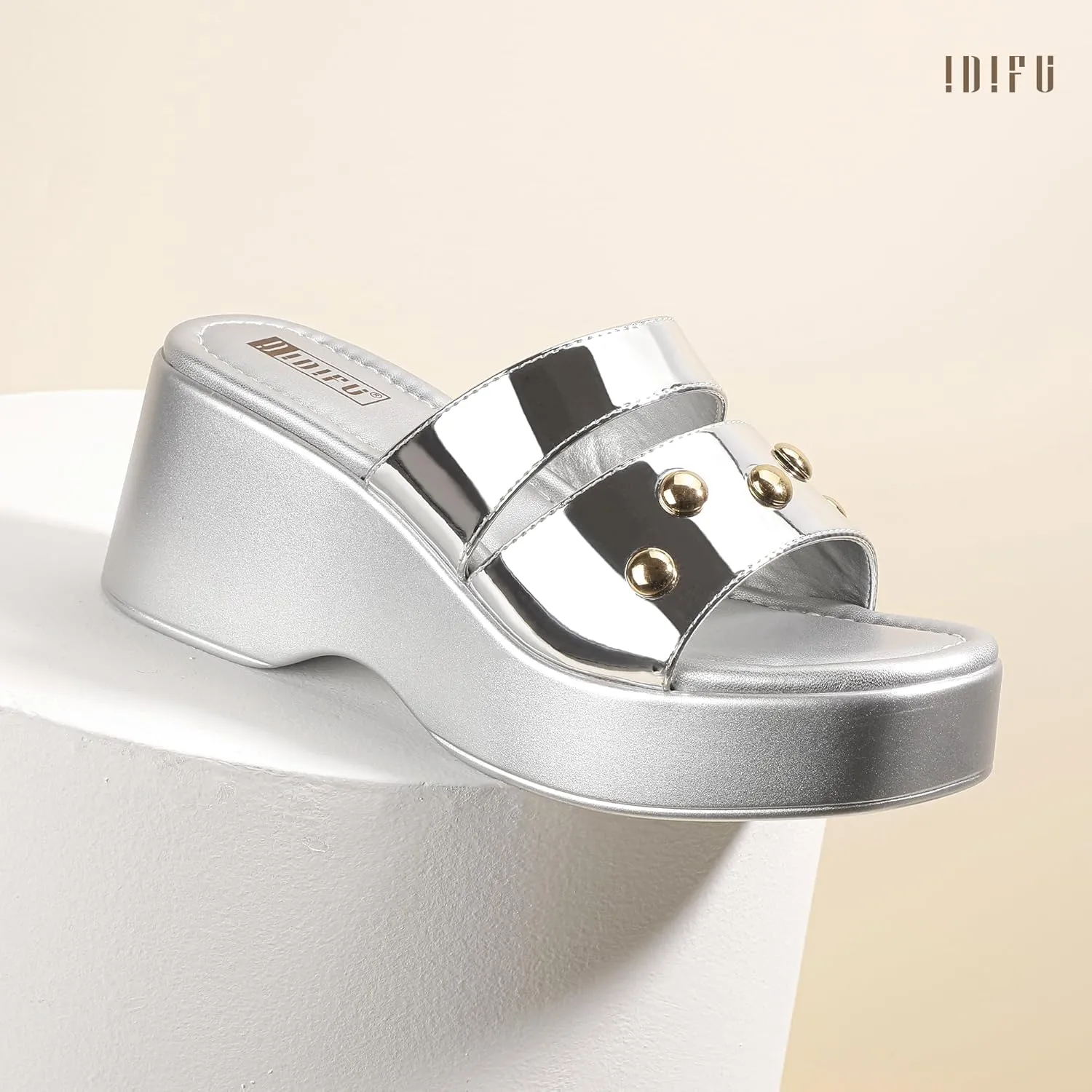 IDIFU IN3 Platform Sandals with Rivets Wedge Sandals for Women Comfortable Square Open Toe Slides Slip On Chunky Sandals Dressy Casual Summer Beach Walking Party Fashion Lightweight Wedges Sandals