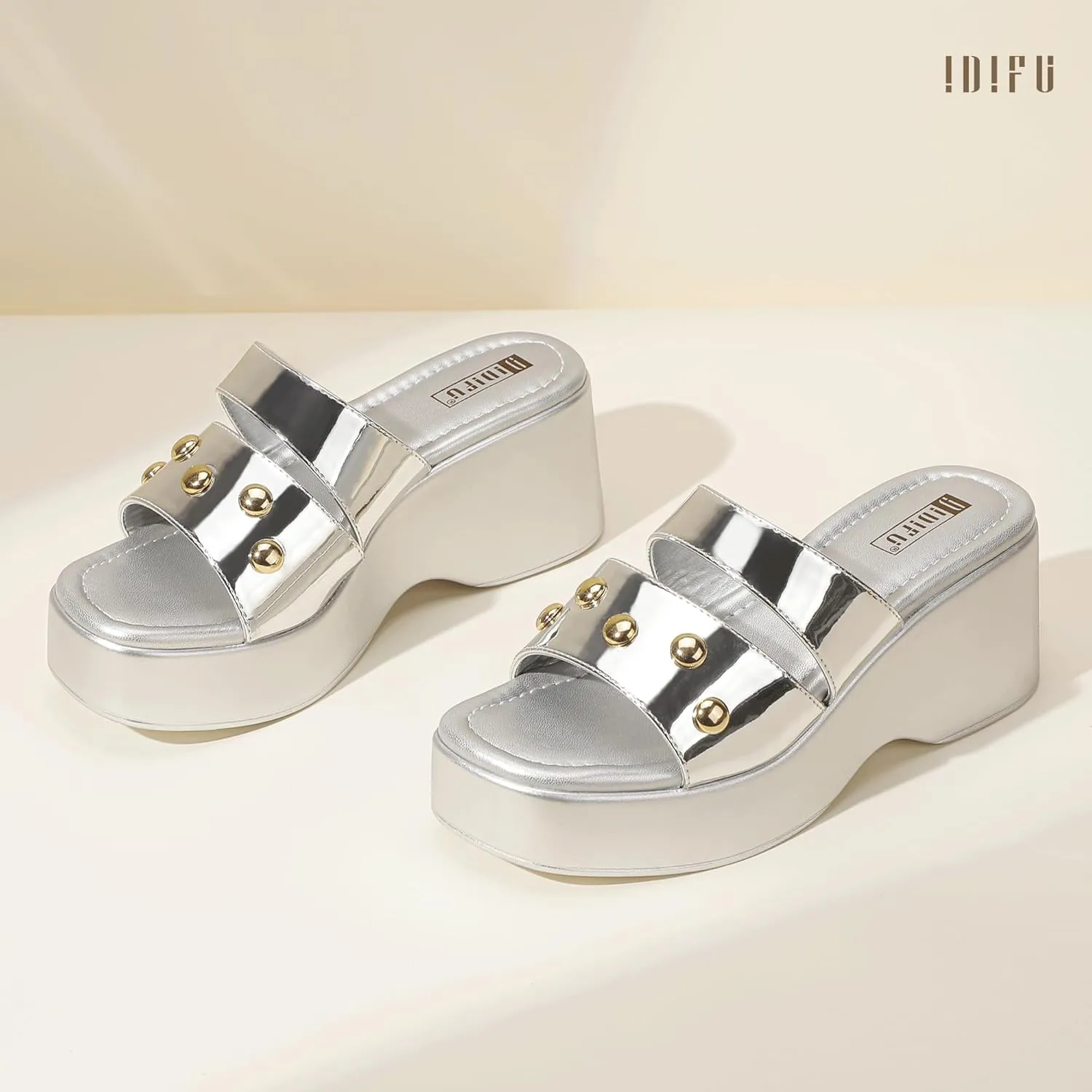 IDIFU IN3 Platform Sandals with Rivets Wedge Sandals for Women Comfortable Square Open Toe Slides Slip On Chunky Sandals Dressy Casual Summer Beach Walking Party Fashion Lightweight Wedges Sandals