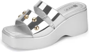 IDIFU IN3 Platform Sandals with Rivets Wedge Sandals for Women Comfortable Square Open Toe Slides Slip On Chunky Sandals Dressy Casual Summer Beach Walking Party Fashion Lightweight Wedges Sandals