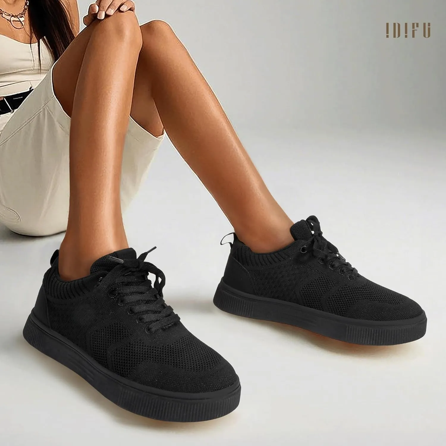 IDIFU Women's Fashion Sneakers Knit Lace Up Mesh Sneakers Ladies Casual Comfortable Dressy Trendy Tennis Shoes Spring Business Walking Work Office Travel Low Top Slide Slip On Flat Sneakers Shoes