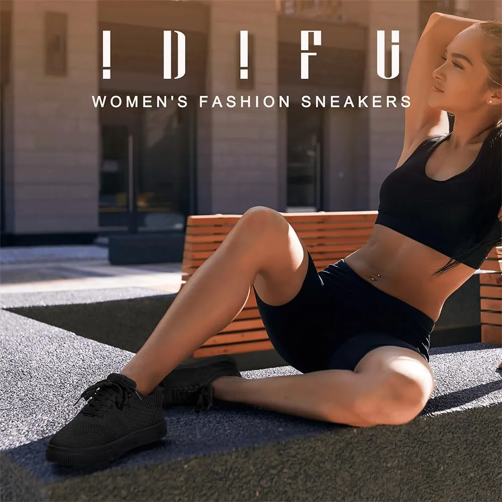 IDIFU Women's Fashion Sneakers Knit Lace Up Mesh Sneakers Ladies Casual Comfortable Dressy Trendy Tennis Shoes Spring Business Walking Work Office Travel Low Top Slide Slip On Flat Sneakers Shoes
