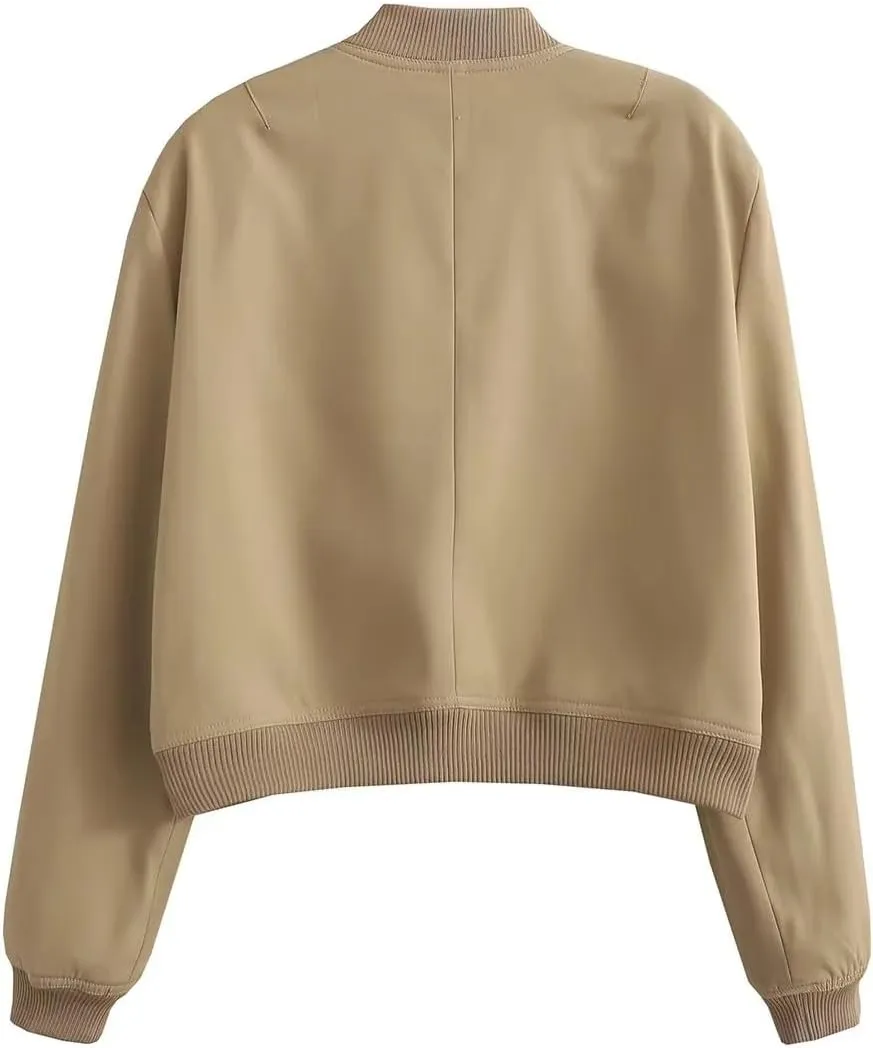 imbpceu Women Bomber Jacket Casual Long Sleeve Button Down Varsity Jackets with Pockets