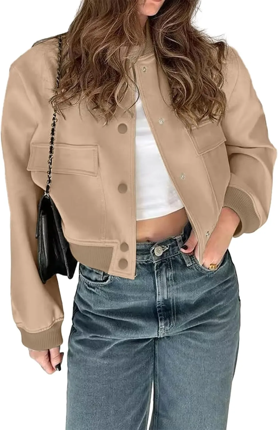 imbpceu Women Bomber Jacket Casual Long Sleeve Button Down Varsity Jackets with Pockets