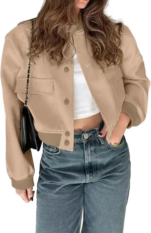 imbpceu Women Bomber Jacket Casual Long Sleeve Button Down Varsity Jackets with Pockets