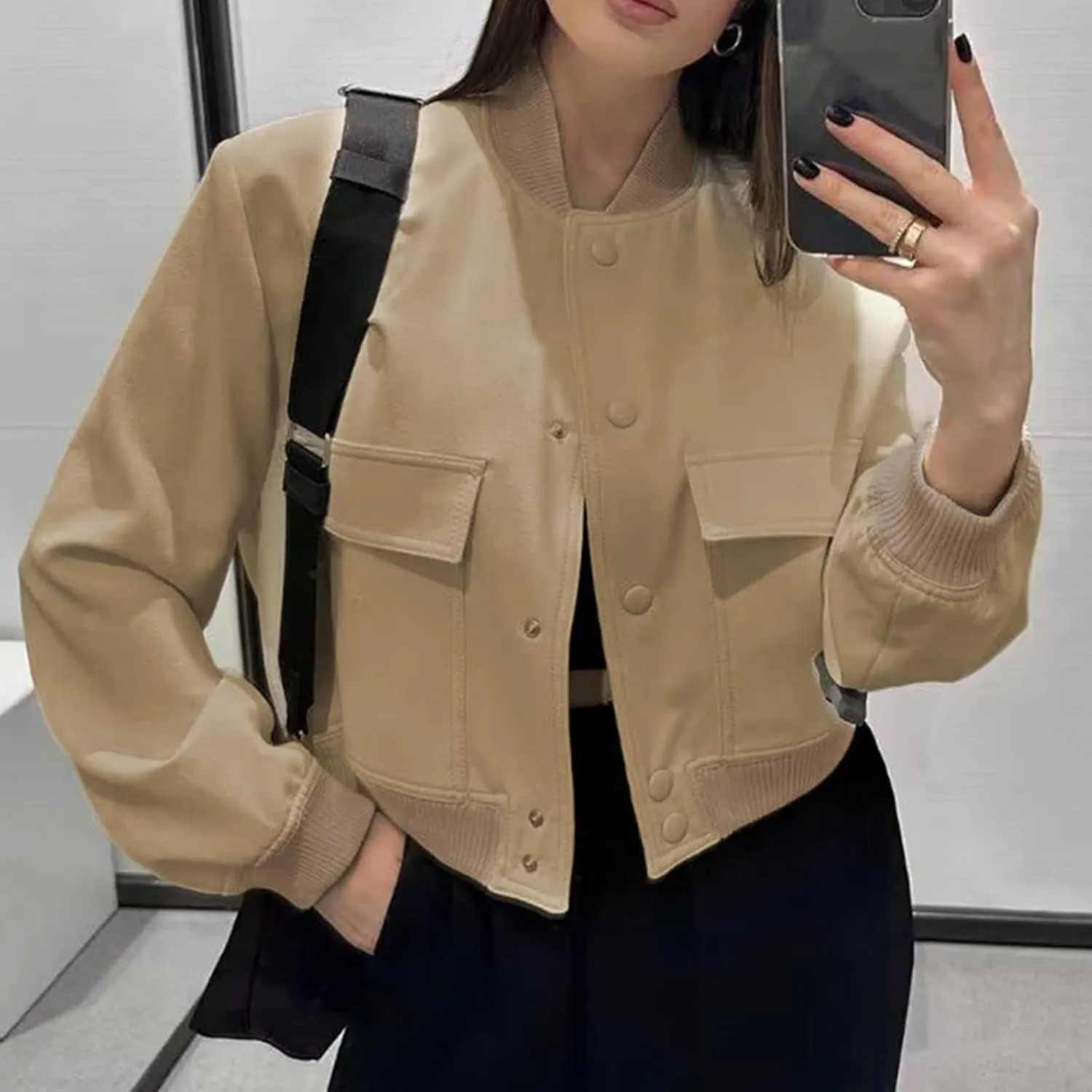 imbpceu Women Bomber Jacket Casual Long Sleeve Button Down Varsity Jackets with Pockets