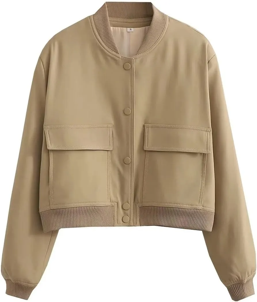 imbpceu Women Bomber Jacket Casual Long Sleeve Button Down Varsity Jackets with Pockets