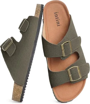Intini Womens Mens Cork Footbed Slide Sandals Suede Leather Flat Sandals Arch Support Slip on Summer Open Toe Outdoor Slippers with Adjustable Buckle
