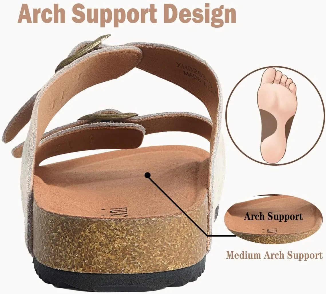 Intini Womens Mens Cork Footbed Slide Sandals Suede Leather Flat Sandals Arch Support Slip on Summer Open Toe Outdoor Slippers with Adjustable Buckle