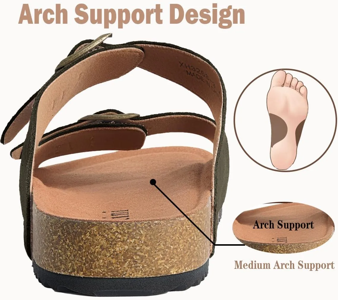 Intini Womens Mens Cork Footbed Slide Sandals Suede Leather Flat Sandals Arch Support Slip on Summer Open Toe Outdoor Slippers with Adjustable Buckle