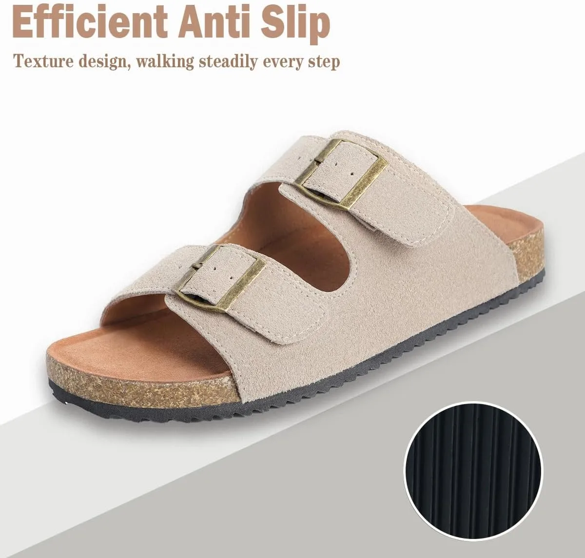 Intini Womens Mens Cork Footbed Slide Sandals Suede Leather Flat Sandals Arch Support Slip on Summer Open Toe Outdoor Slippers with Adjustable Buckle
