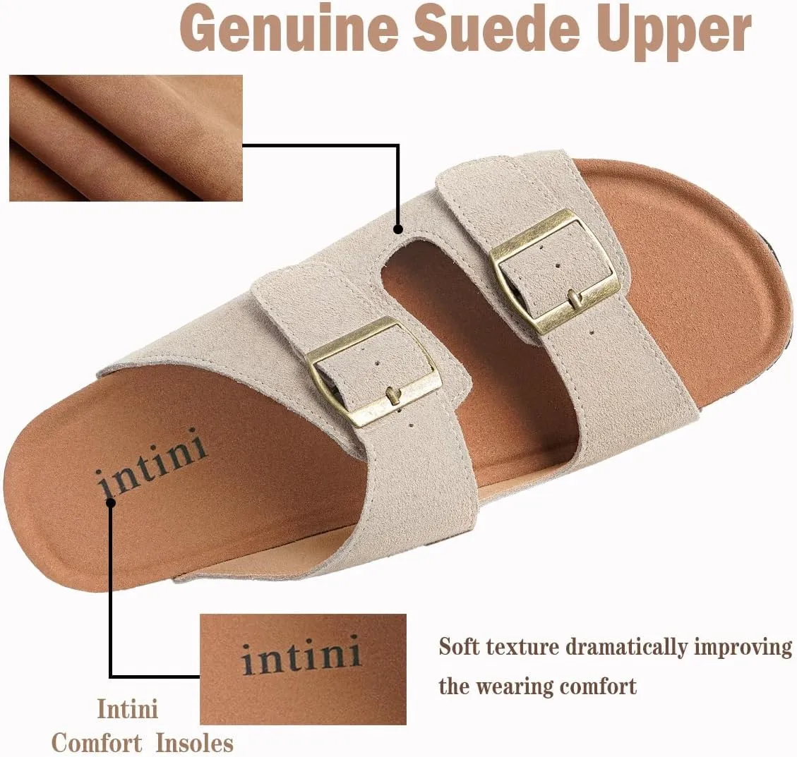 Intini Womens Mens Cork Footbed Slide Sandals Suede Leather Flat Sandals Arch Support Slip on Summer Open Toe Outdoor Slippers with Adjustable Buckle