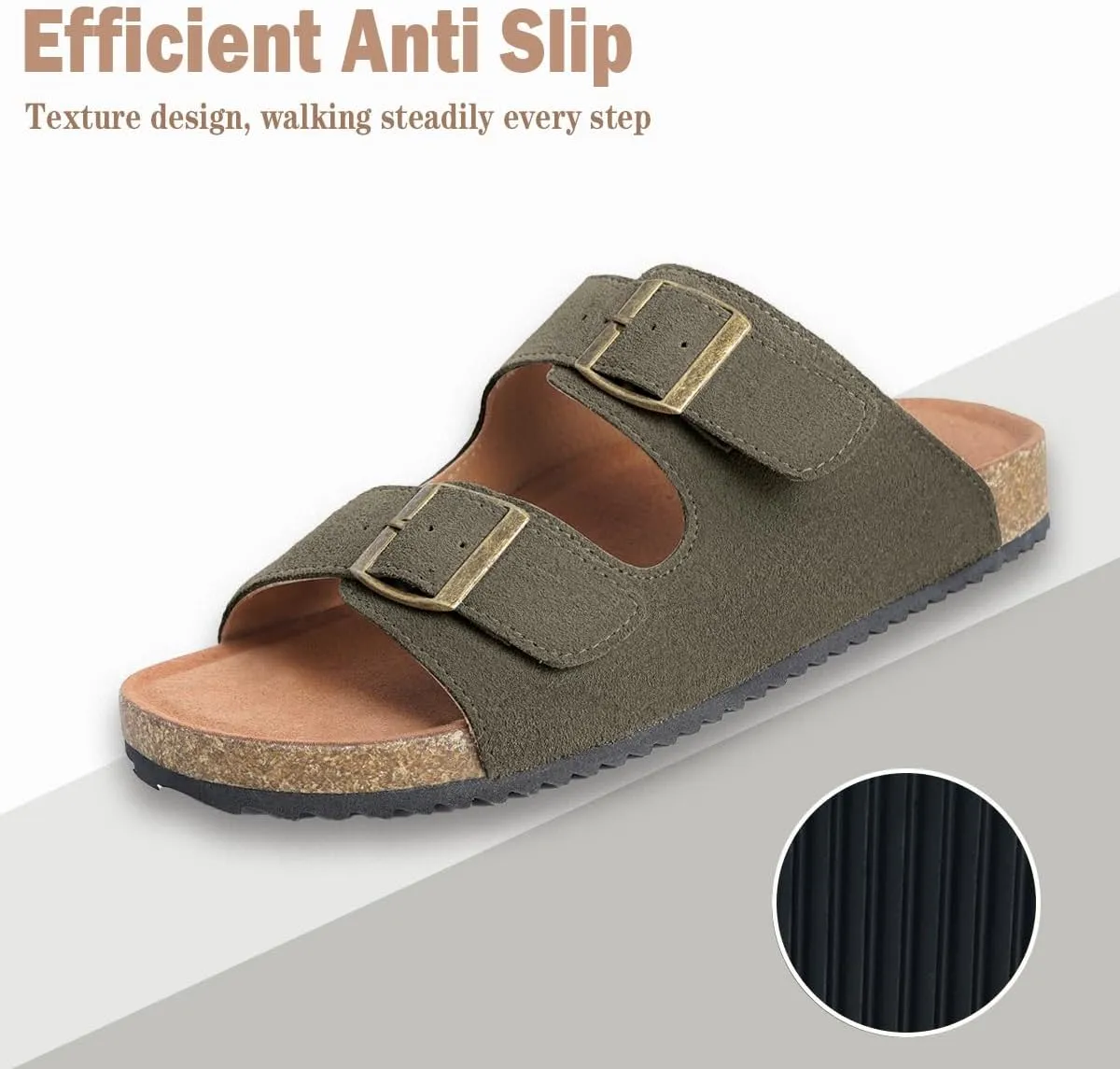 Intini Womens Mens Cork Footbed Slide Sandals Suede Leather Flat Sandals Arch Support Slip on Summer Open Toe Outdoor Slippers with Adjustable Buckle
