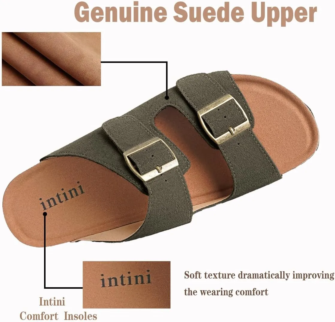 Intini Womens Mens Cork Footbed Slide Sandals Suede Leather Flat Sandals Arch Support Slip on Summer Open Toe Outdoor Slippers with Adjustable Buckle