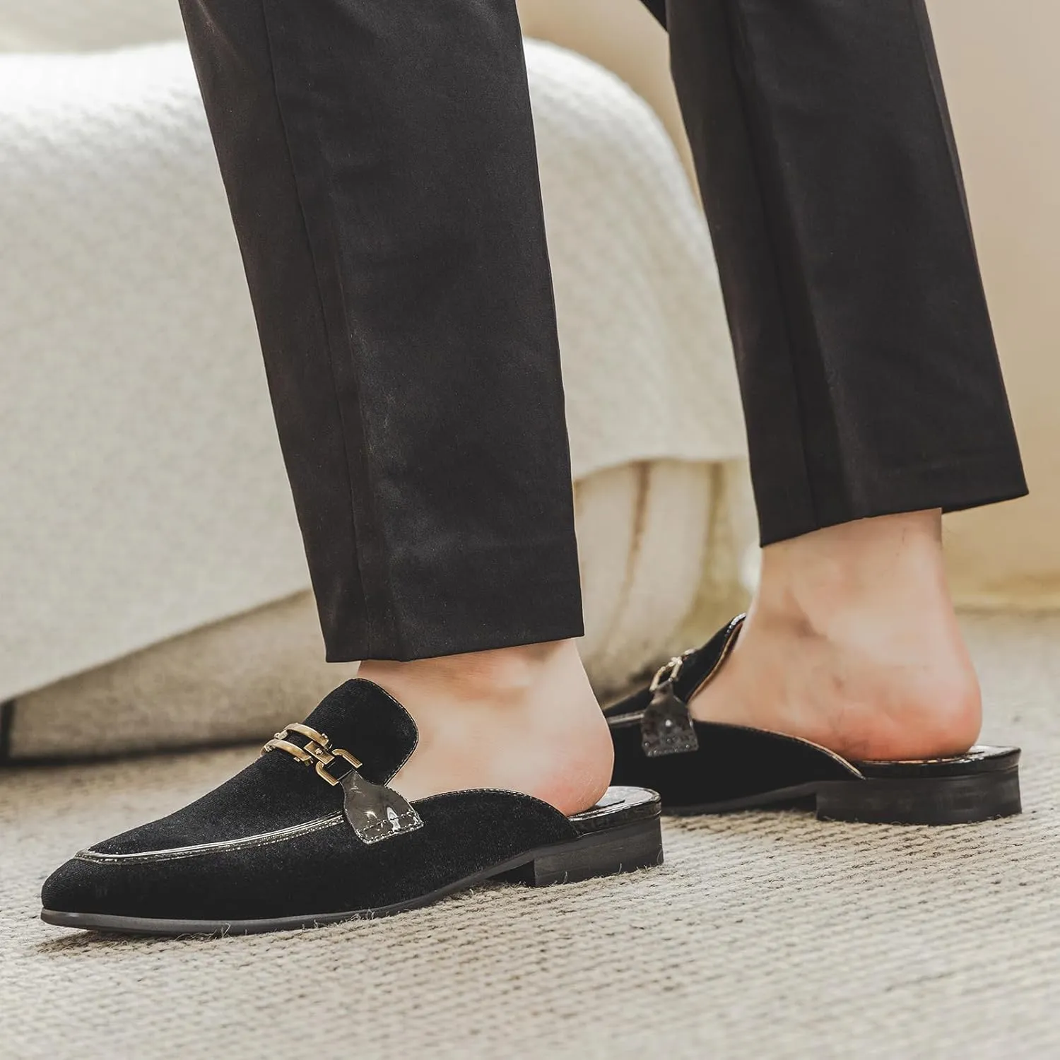 JITAI Mens Mules Velvet Slippers Slip-On Loafers for Men Casual Open Backless Sandals