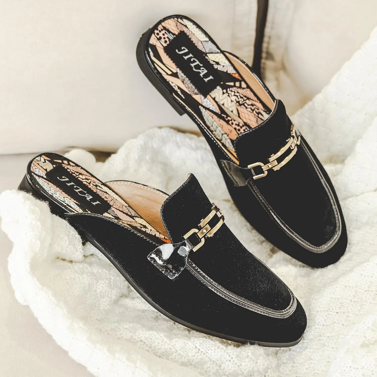 JITAI Mens Mules Velvet Slippers Slip-On Loafers for Men Casual Open Backless Sandals