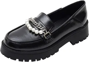 JOEupin Women's Chunky Heel Loafers Platform Patent Leather Chunky Loafers Leather Shoes with Metal