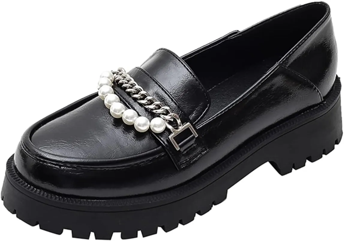 JOEupin Women's Chunky Heel Loafers Platform Patent Leather Chunky Loafers Leather Shoes with Metal