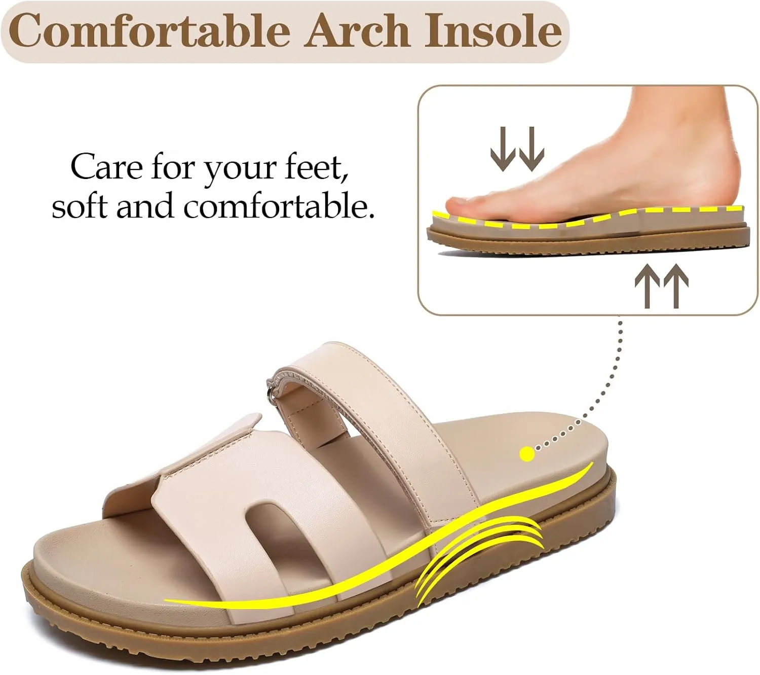 JSWEI Sandals Slides for Women,Women's Slippers Shoes Non-Slip Comfortable and Adjustable Velcro Summer Arch Support Woman Slides Sandals Outdoor Flat Slippers Beach Sandalias Para Mujer