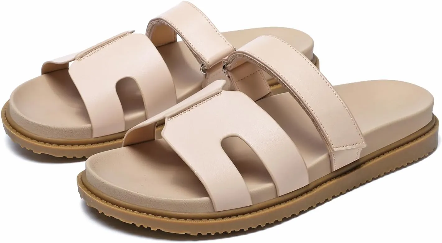JSWEI Sandals Slides for Women,Women's Slippers Shoes Non-Slip Comfortable and Adjustable Velcro Summer Arch Support Woman Slides Sandals Outdoor Flat Slippers Beach Sandalias Para Mujer