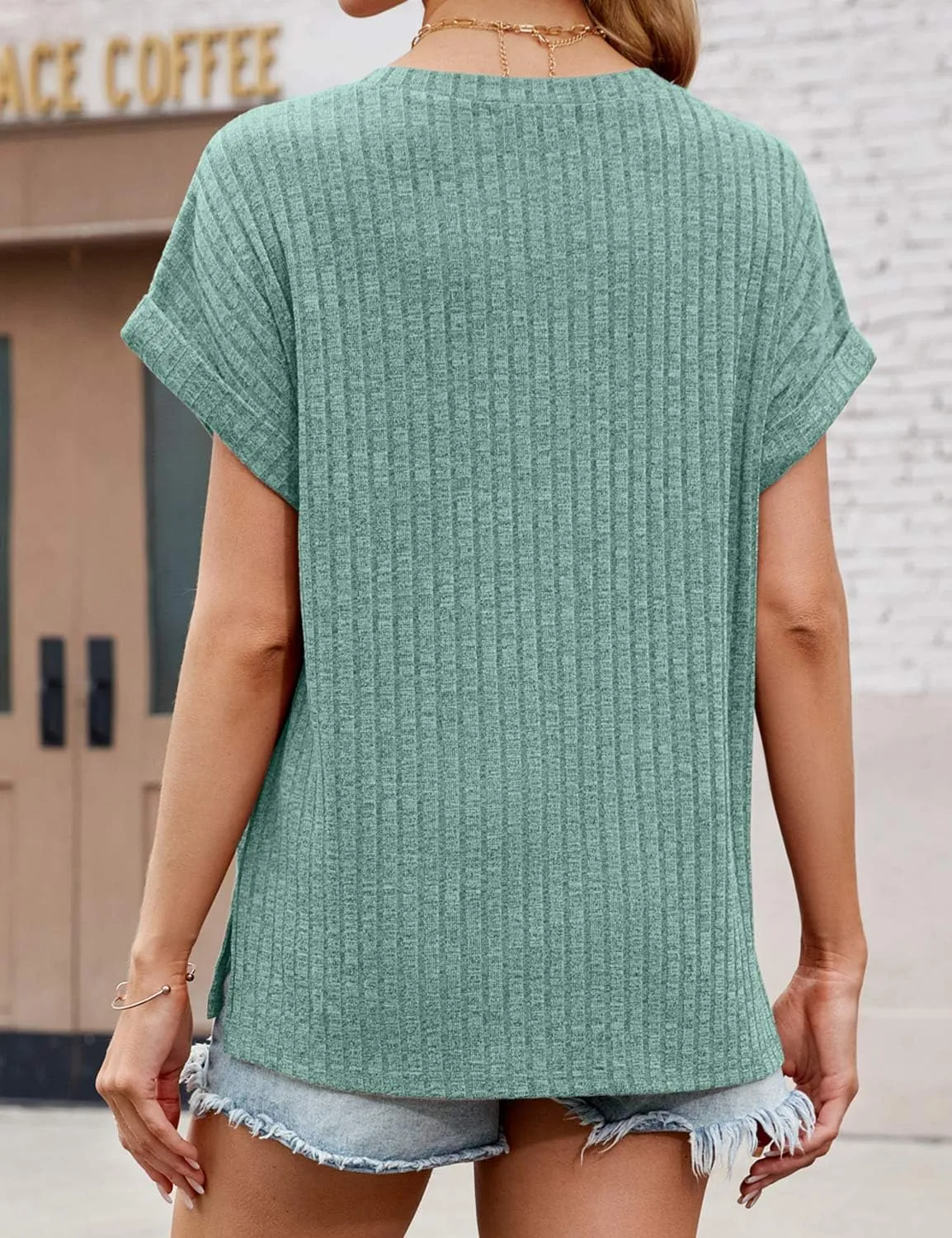 JUSTFASHIONNOW Summer Tops for Women 2025 V Neck Short Sleeve Shirts Trendy Side Split Basic Tees Dressy Casual Outfits