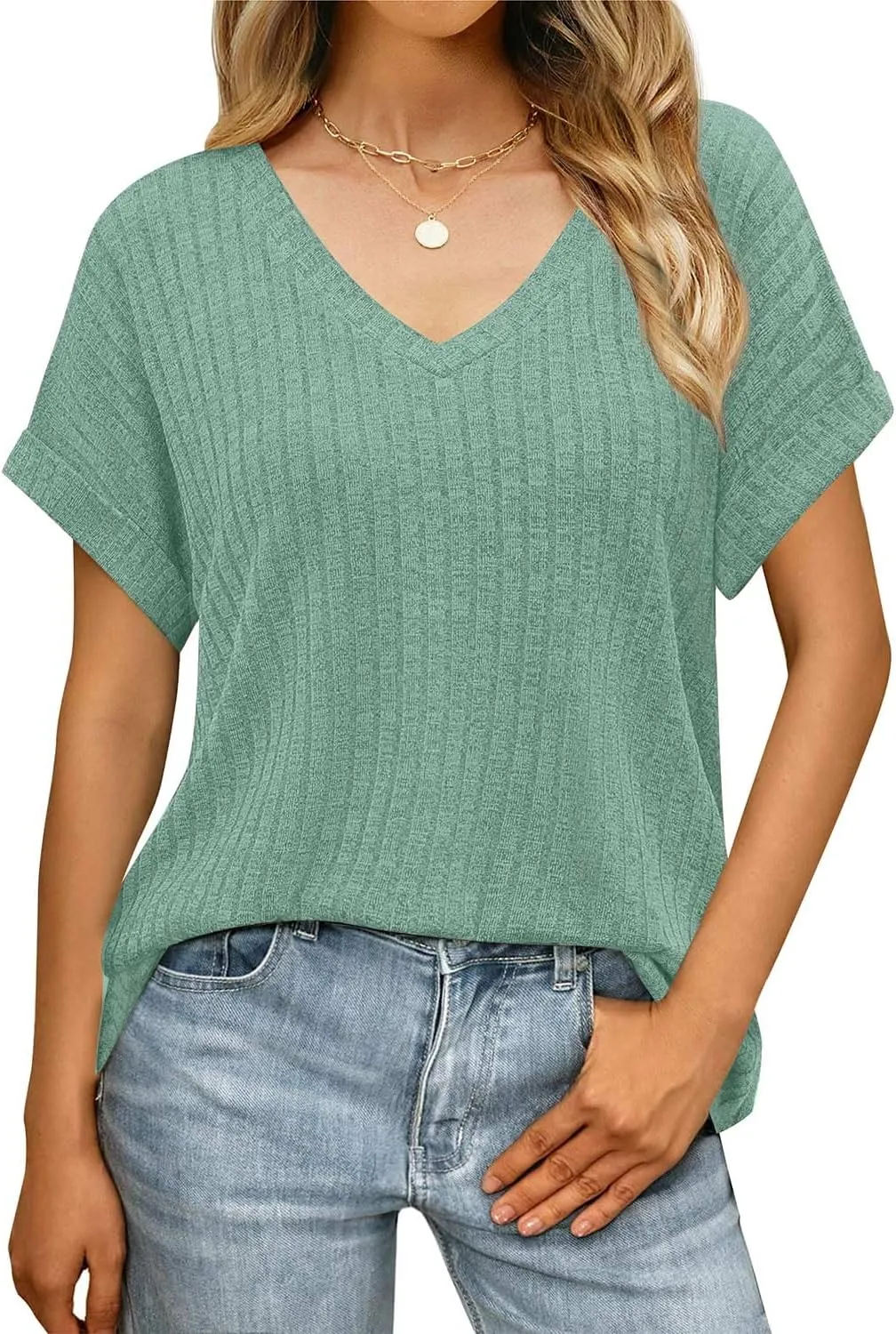 JUSTFASHIONNOW Summer Tops for Women 2025 V Neck Short Sleeve Shirts Trendy Side Split Basic Tees Dressy Casual Outfits