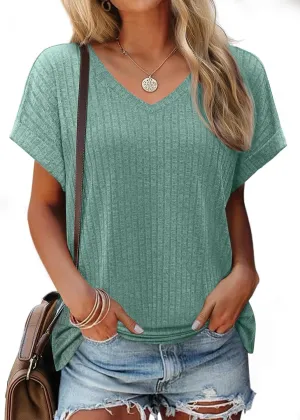 JUSTFASHIONNOW Summer Tops for Women 2025 V Neck Short Sleeve Shirts Trendy Side Split Basic Tees Dressy Casual Outfits