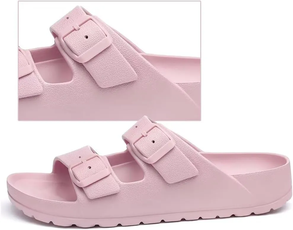 Kids Slides Sandals for Boys Girls Toddler Double Buckle Adjustable Flat Sandals Beach Pool Shower Shoes