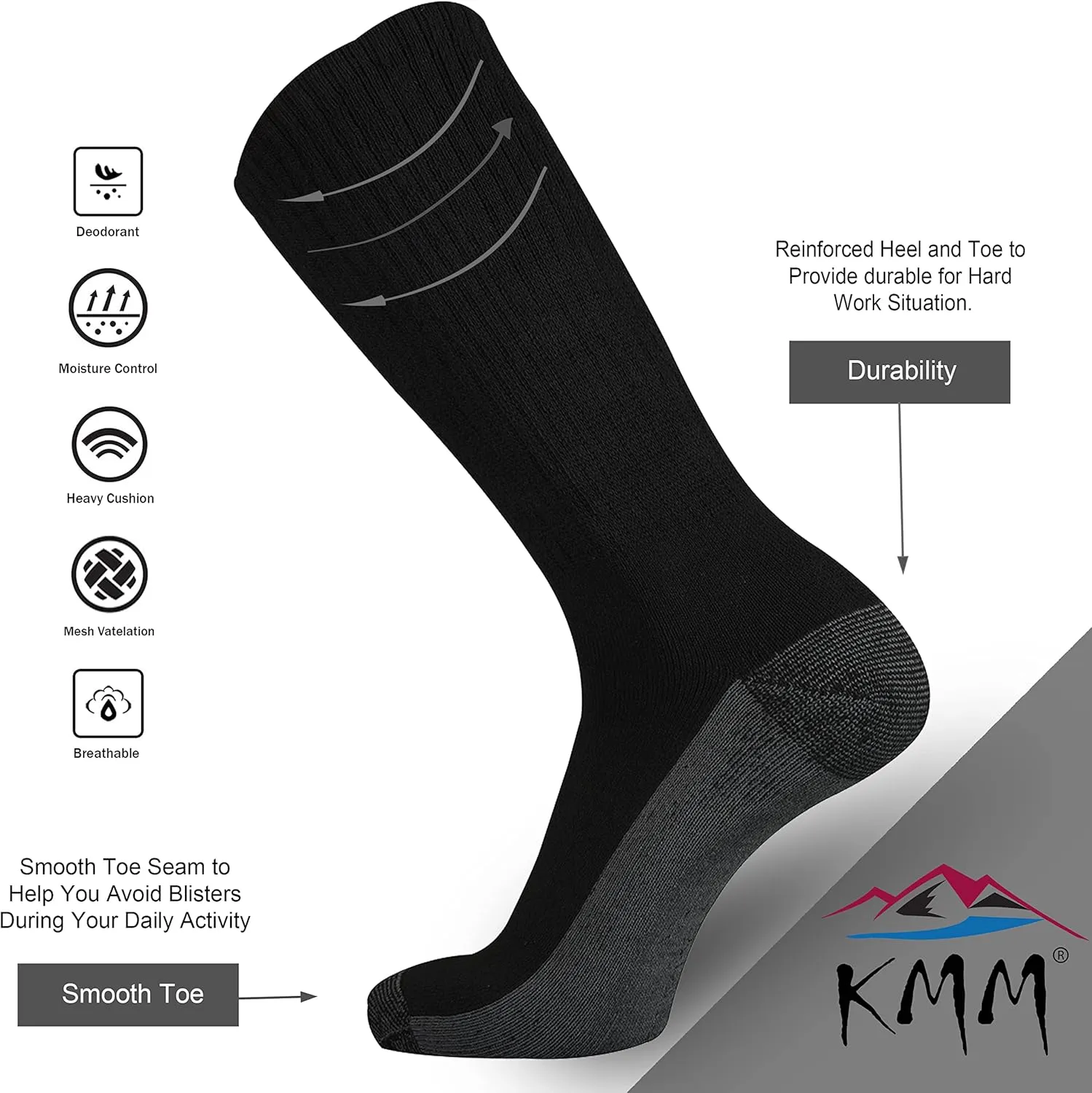 KMM Men's Cotton Full Thick Cushion Crew Socks Moisture Control Heavy Duty Work Boot Warm Thermal Anti Wicking Sweat Blisters