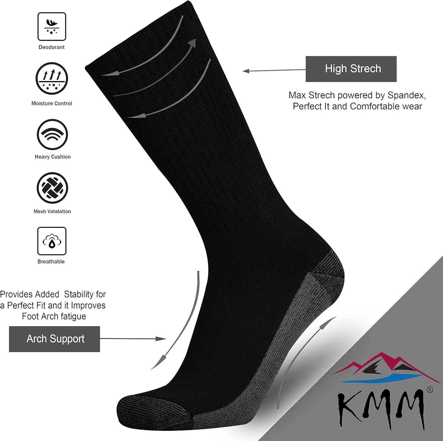 KMM Men's Cotton Full Thick Cushion Crew Socks Moisture Control Heavy Duty Work Boot Warm Thermal Anti Wicking Sweat Blisters