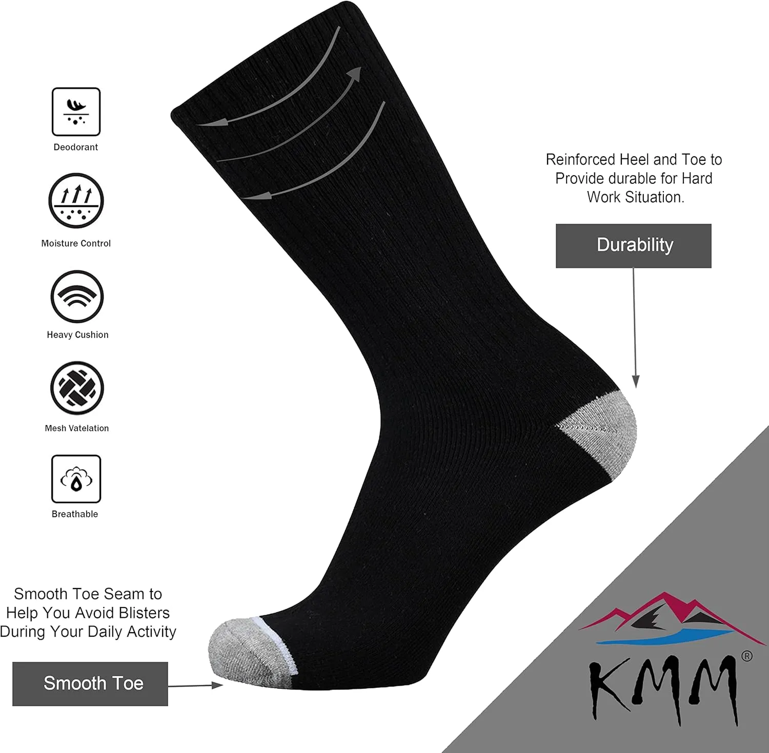 KMM Men's Cotton Full Thick Cushion Crew Socks Moisture Control Heavy Duty Work Boot Warm Thermal Anti Wicking Sweat Blisters