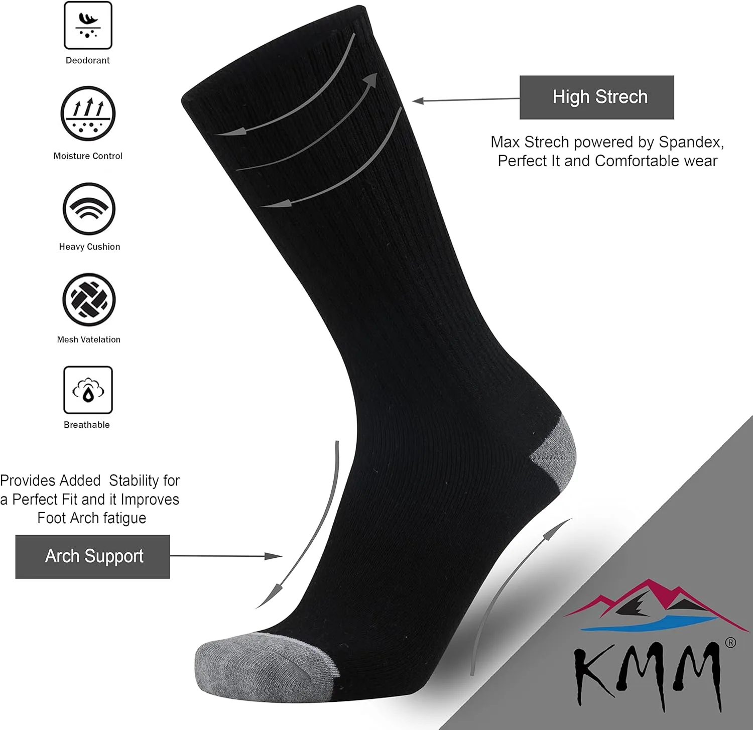 KMM Men's Cotton Full Thick Cushion Crew Socks Moisture Control Heavy Duty Work Boot Warm Thermal Anti Wicking Sweat Blisters